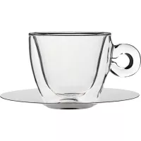 Ceașcă de sticlă cu perete dublu 165 ml + farfurioară inox, pentru capuccino, Luigi Bormioli