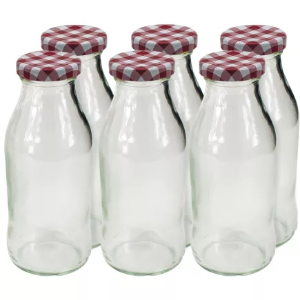 Sticlă din sticlă pentru suc Gastro 250 ml, cu capac decorativ, model carouri, set 6 bucăți